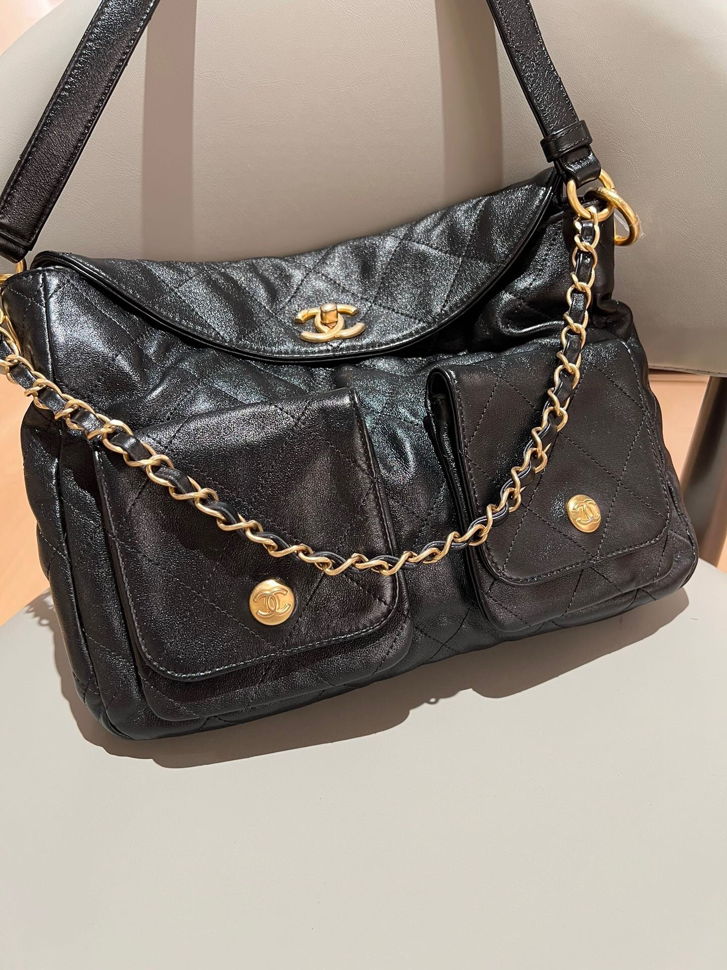 Chanel 24P Black Leather Quilted Messenger Bag