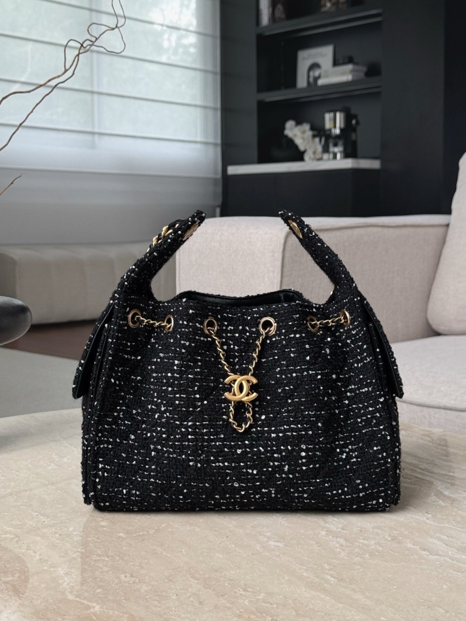 Chanel 25 Hobo Bag black and white wool tweed with aged gold hardware