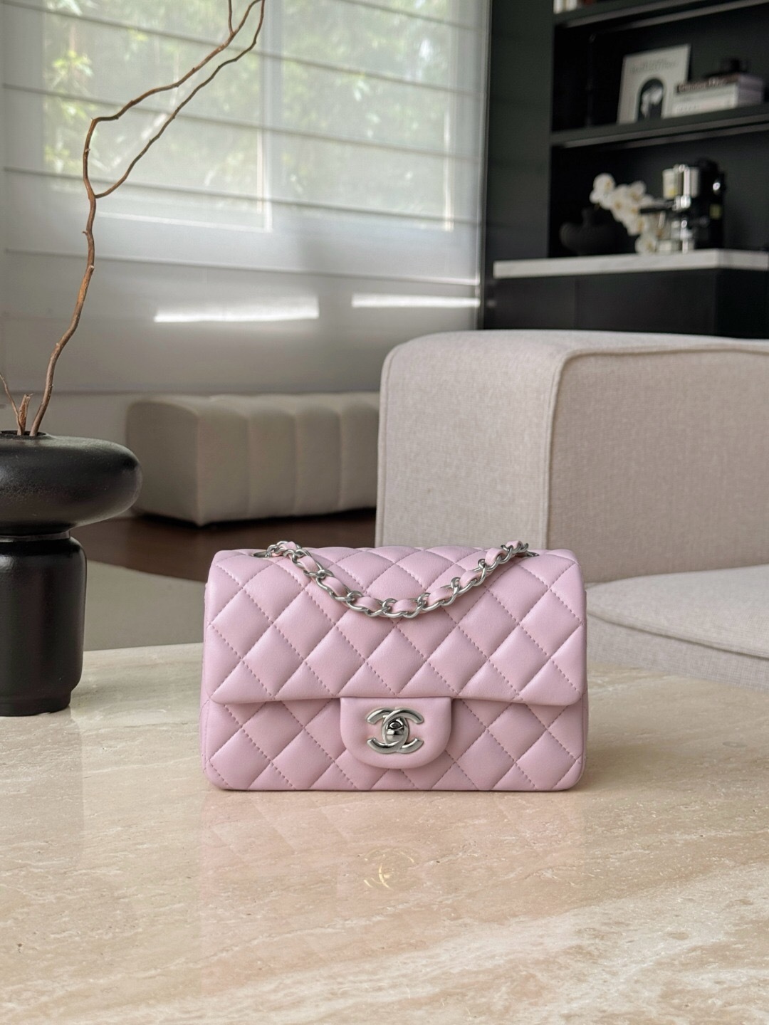 Chanel Classic Flap Mini Square bag in light pink quilted lambskin leather shoulder bag