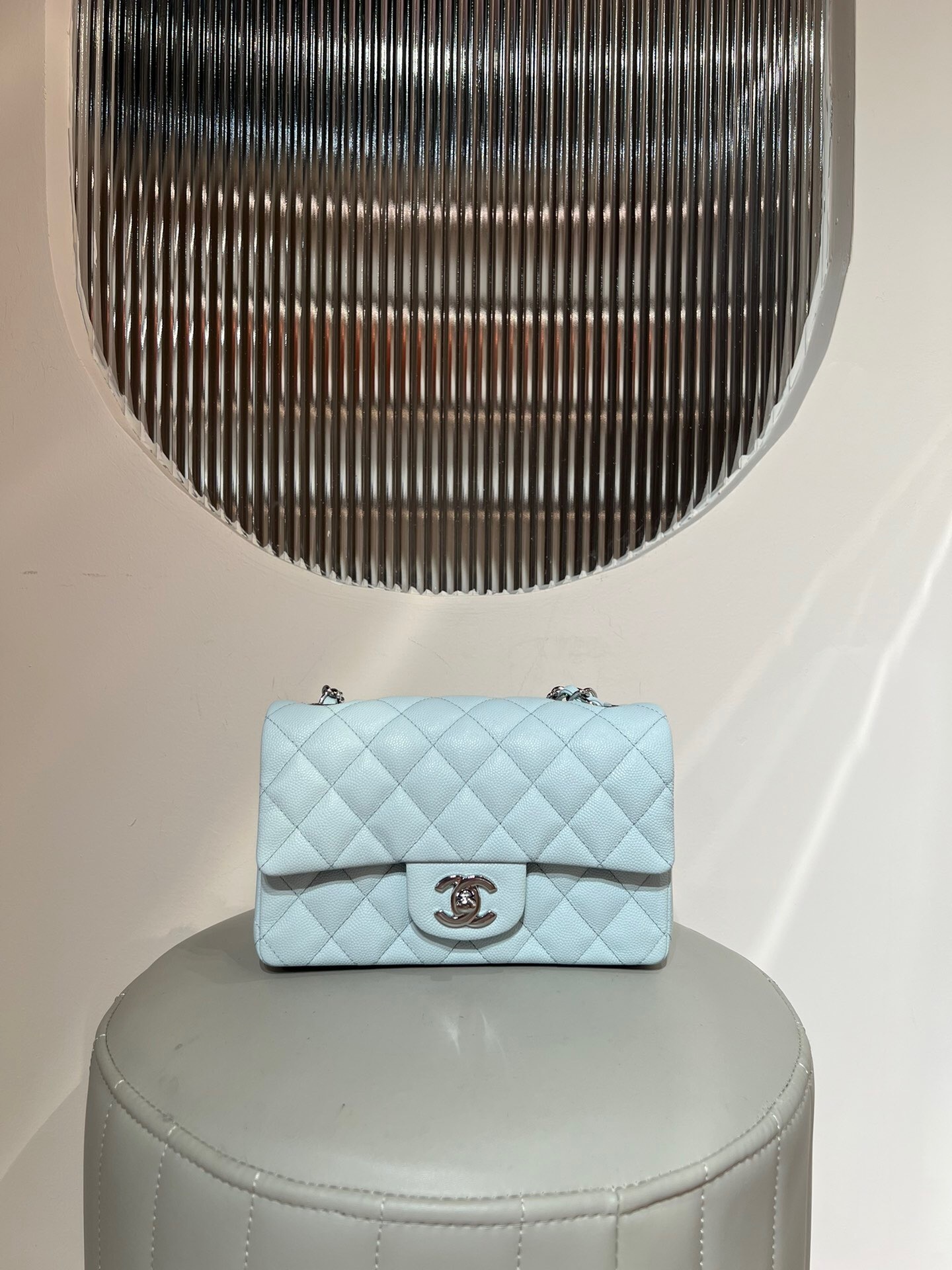 Chanel Classic M/L Medium Flap Bag in light blue quilted caviar leather with silver hardware