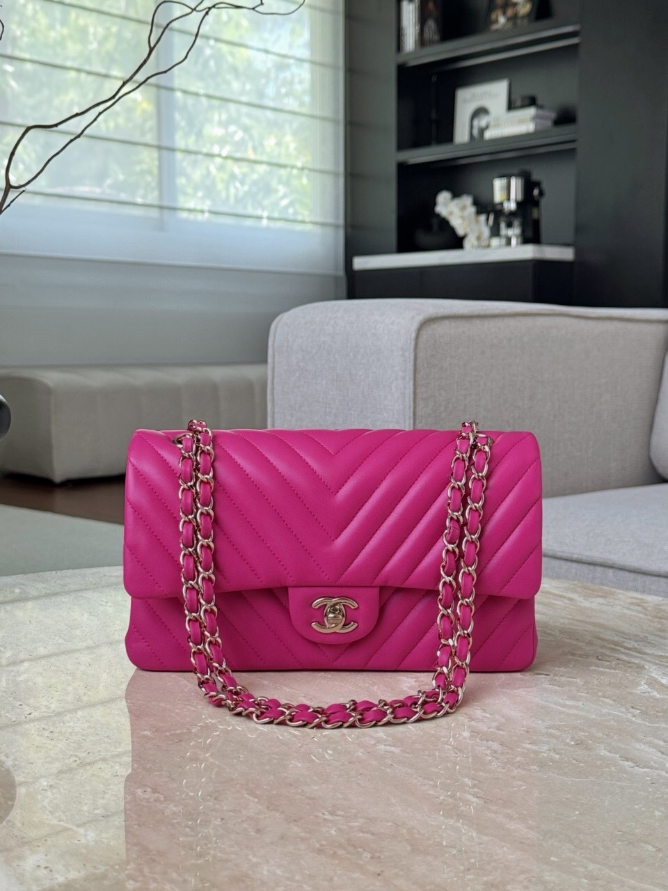 Chanel Classic Double Flap Bag in pink chevron lambskin leather