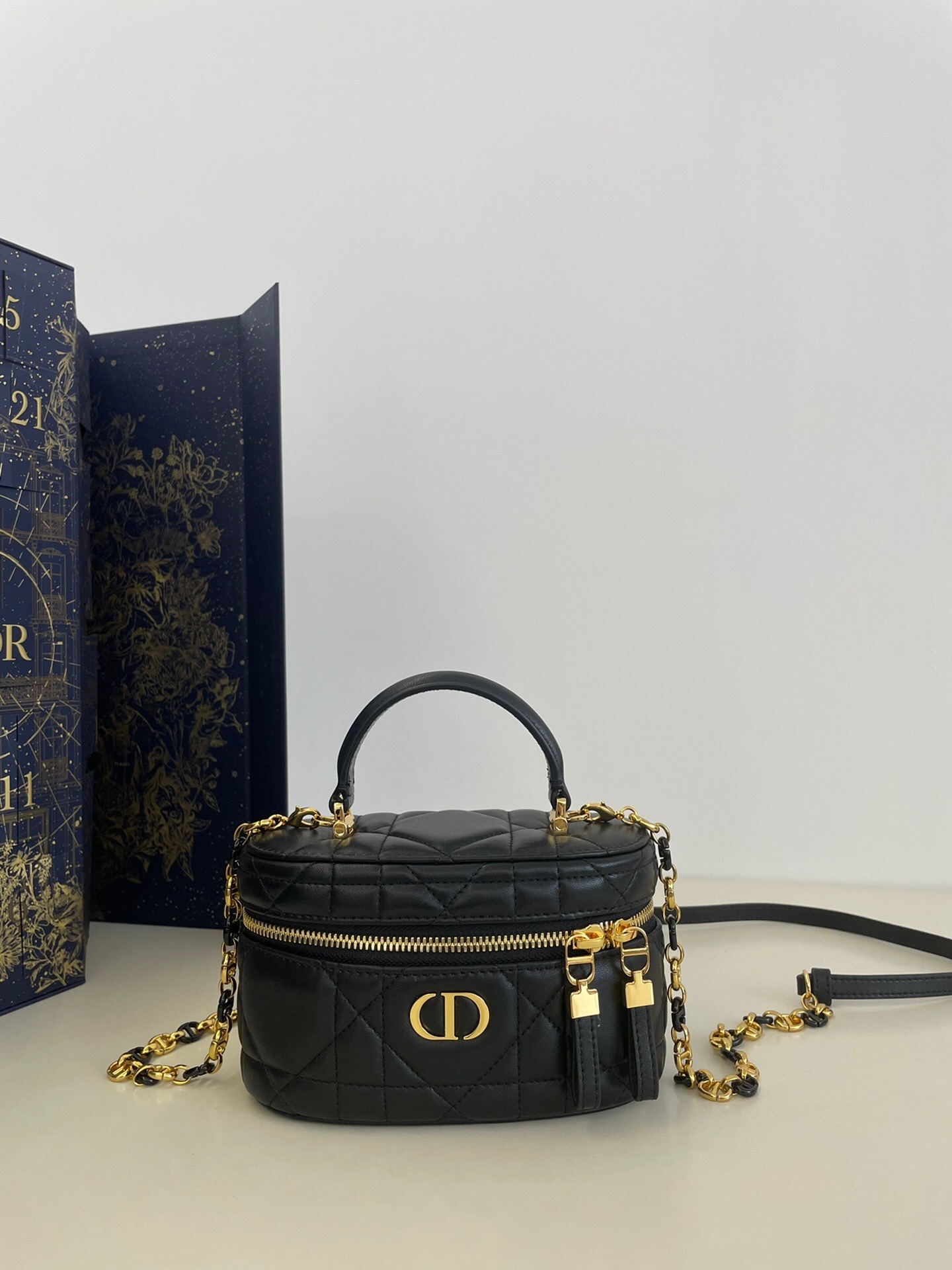 Dior Caro Mini Vanity Case in black lambskin