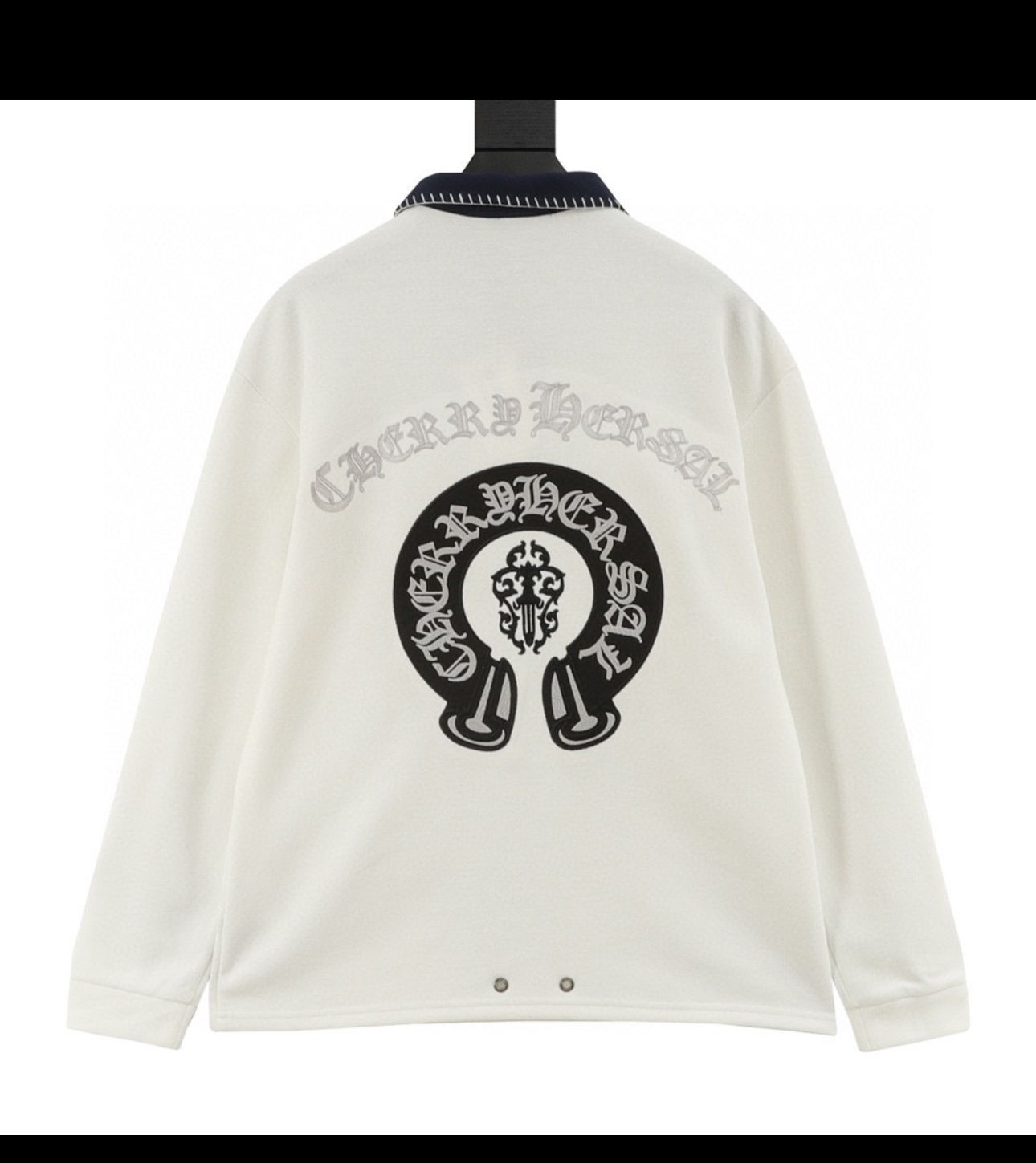 Chrome Hearts white long-sleeved polo shirt with a horseshoe logo on the back
