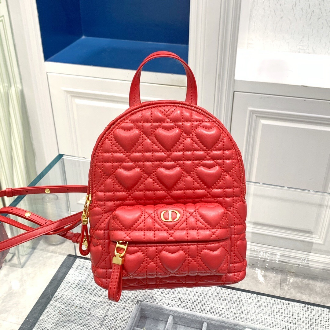 Christian Dior Lambskin Cannage Dioramour Mini Backpack in bright red