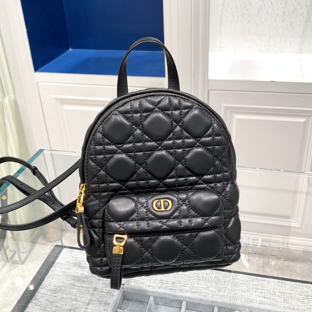 Dior Caro mini backpack in black Macrocannage lambskin