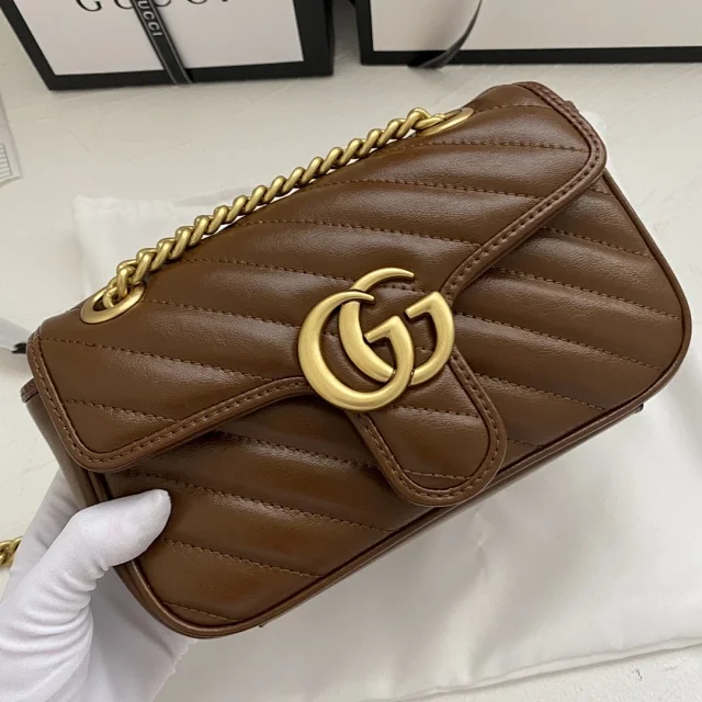Gucci GG Marmont small shoulder bag in brown matelassé chevron leather