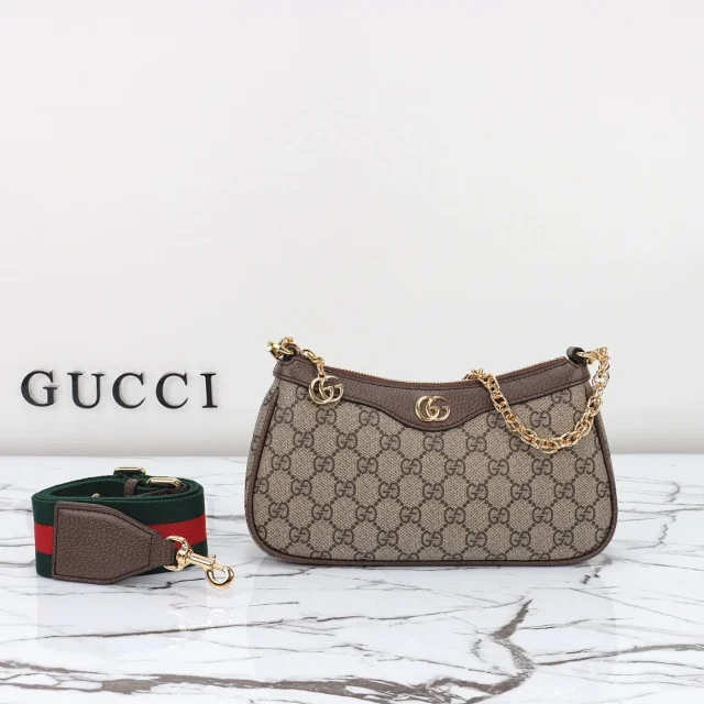 Gucci Ophidia small handbag in beige and ebony GG Supreme canvas with brown leather trim.