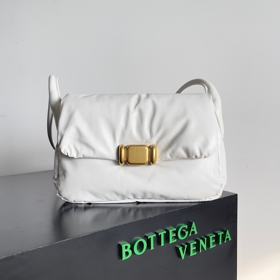 Bottega Veneta white calfskin mirror shoulder bag with vintage gold hardware