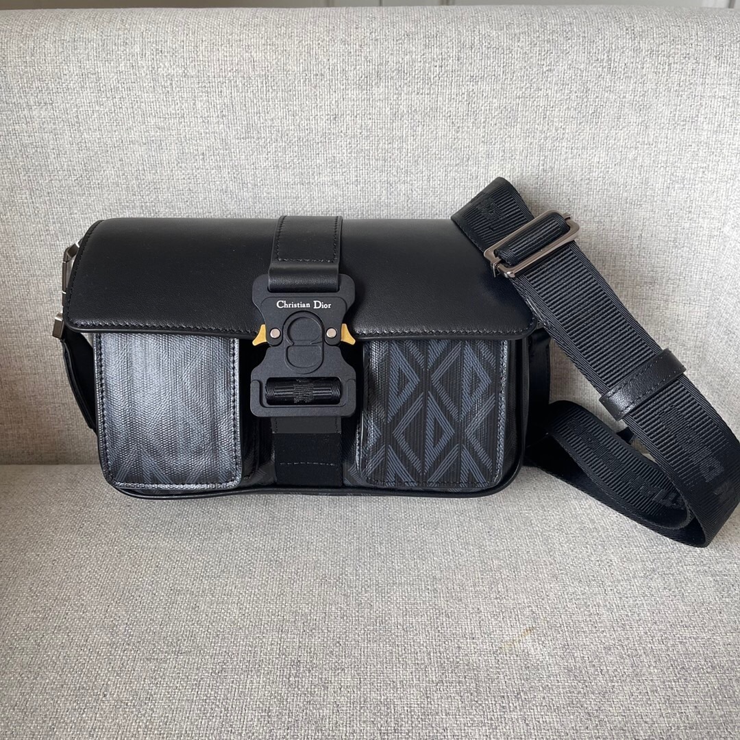 Dior Hit the Road messenger bag with a flap, crafted in black CD Diamond canvas and smooth calfskin.