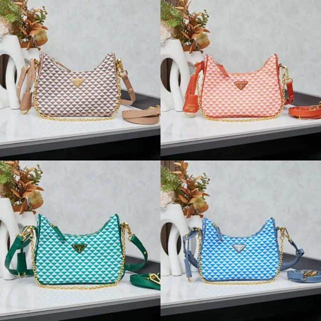 Prada Re-Edition 2005 shoulder bag all colors blue and white geometric pattern.