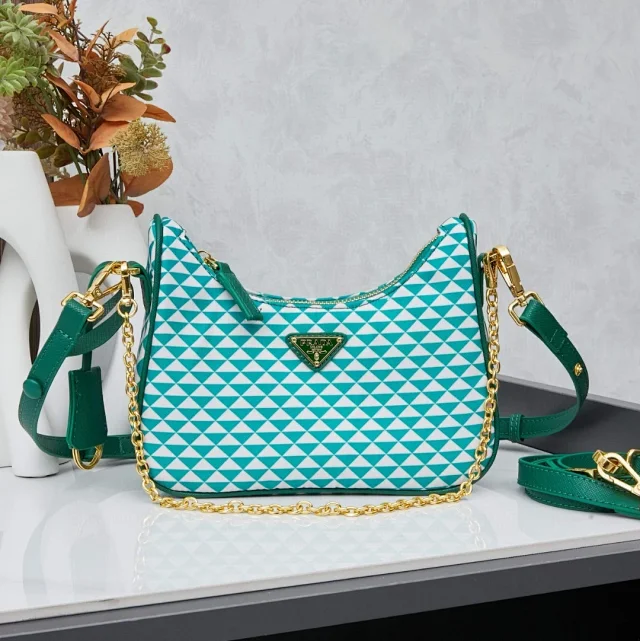 Prada green embroidered fabric small Symbole shoulder bag