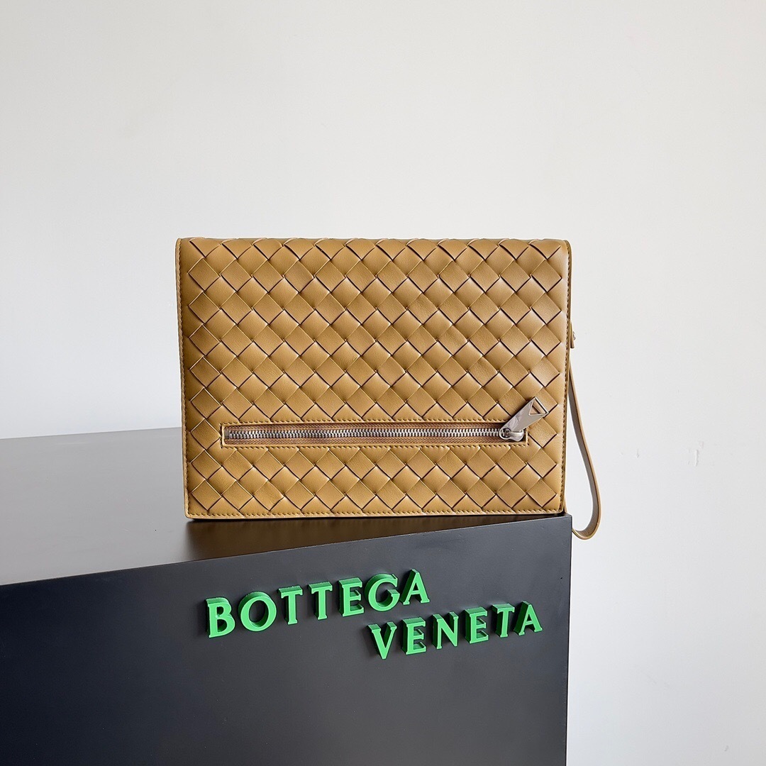 Bottega Veneta Small Intrecciato Document Case with Wristlet in travertine calfskin leather clutch bag