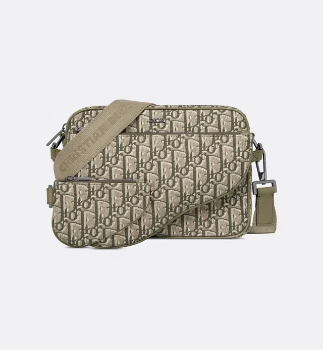 Dior Saddle Triple Pouch in beige and olive green Dior Oblique jacquard