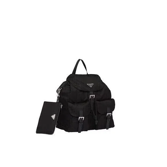 Prada Re-Nylon backpack in black, which comes with a coordinating pouch