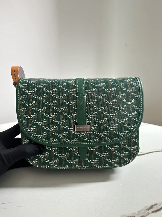 Goyard Belvedere PM messenger bag in green Goyardine canvas with silver hardware