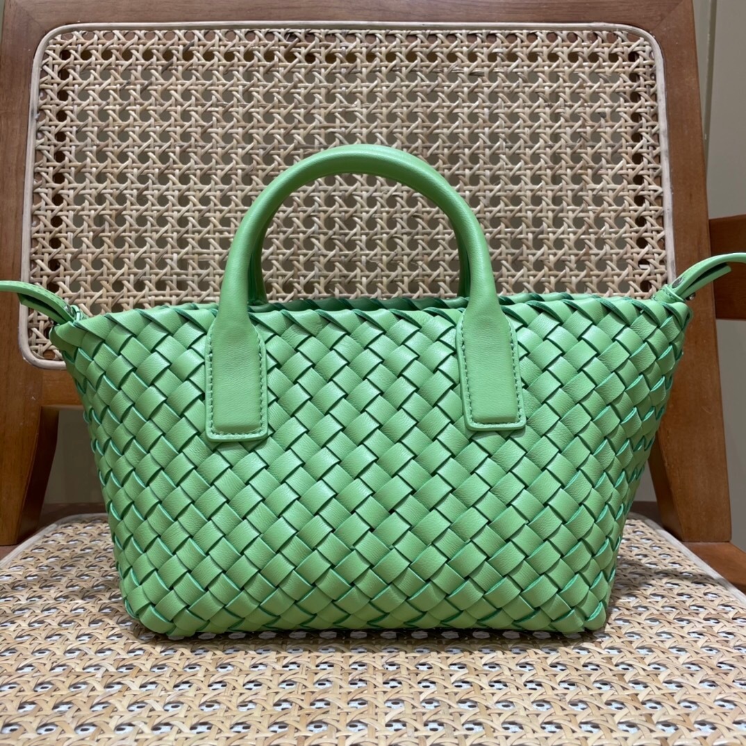 Bottega Veneta Mini Cabat basket-weave tote bag in green lambskin leather