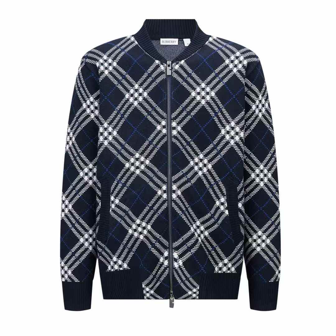 Burberry Check Wool Blend Bomber Jacket in ink blue