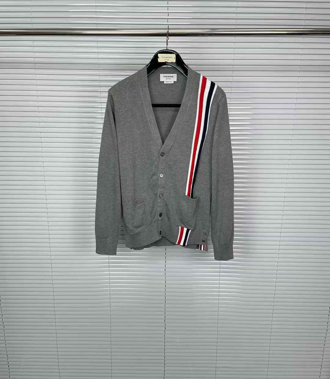 Thom Browne grey wool 4-Bar stripe V-neck cardigan