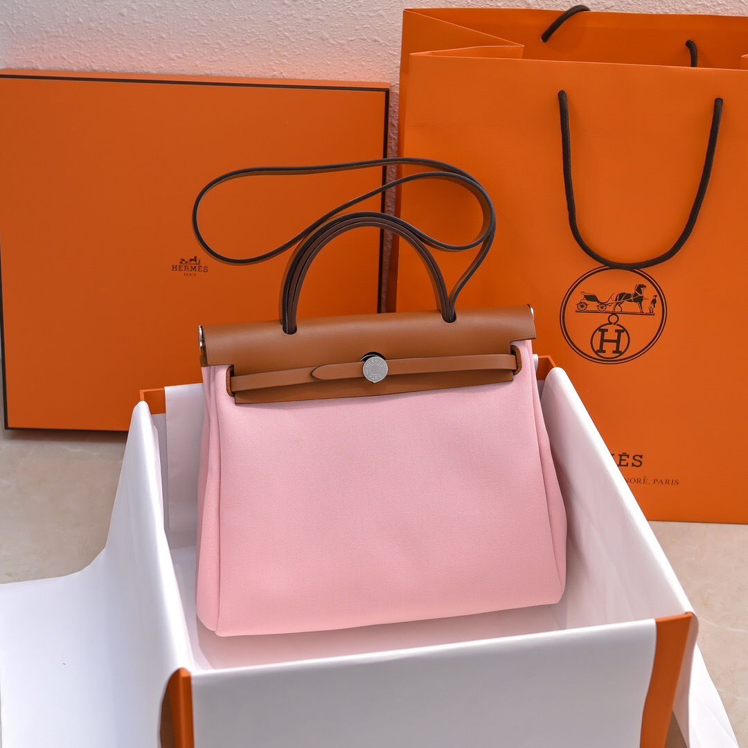 Hermes Herbag Zip 31 handbag in a pink and brown color combination