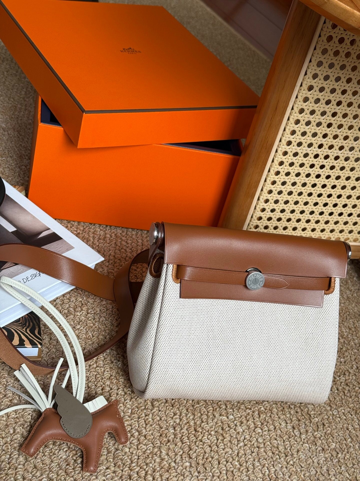 Hermes Herbag Zip 31 bag with a canvas body and a leather flap shoulder bag