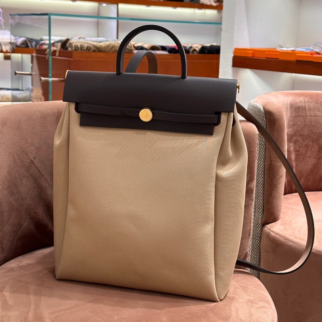 Hermes Herbag A Dos Zip backpack in beige canvas and black leather