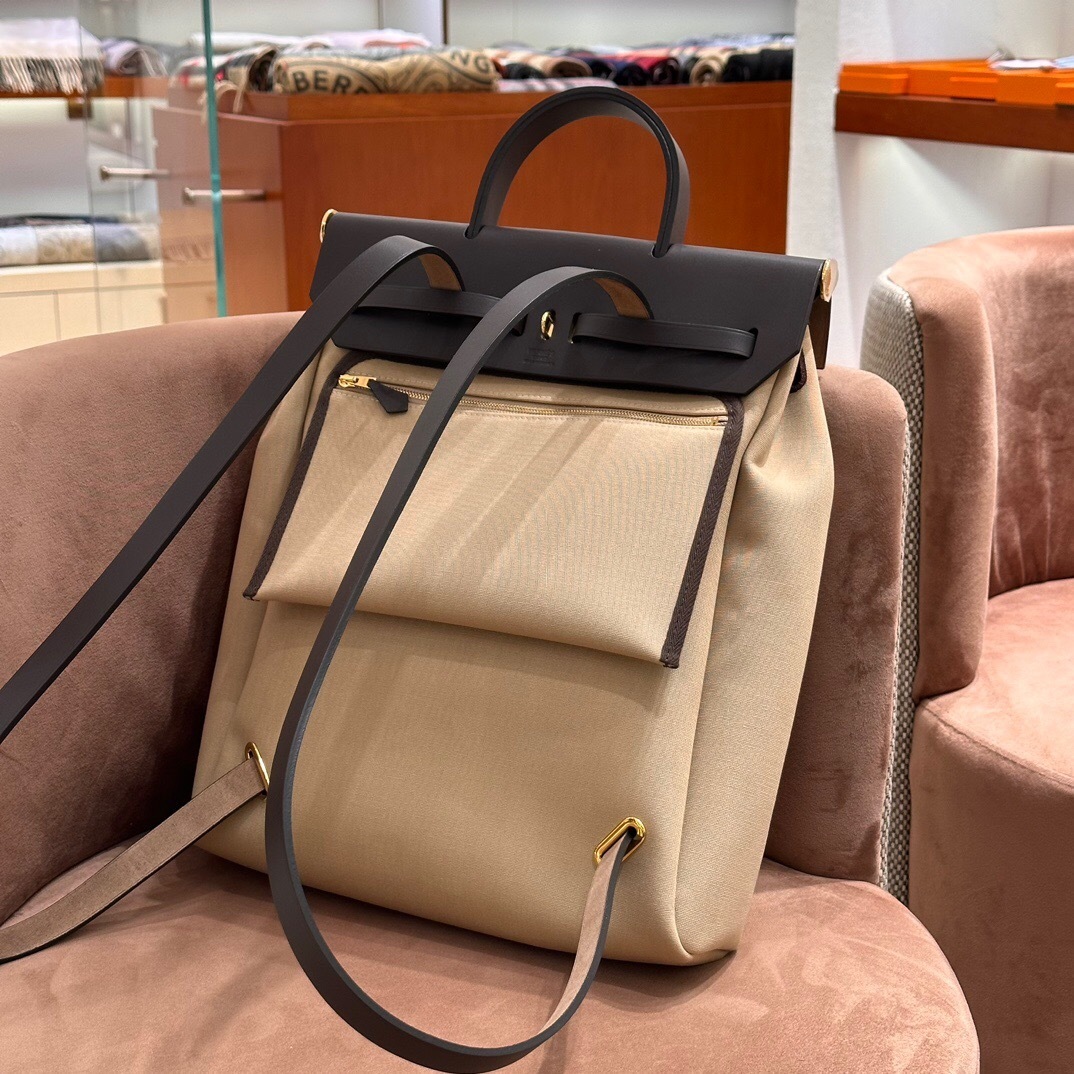 Hermes Herbag A Dos Zip backpack in beige canvas and black leather