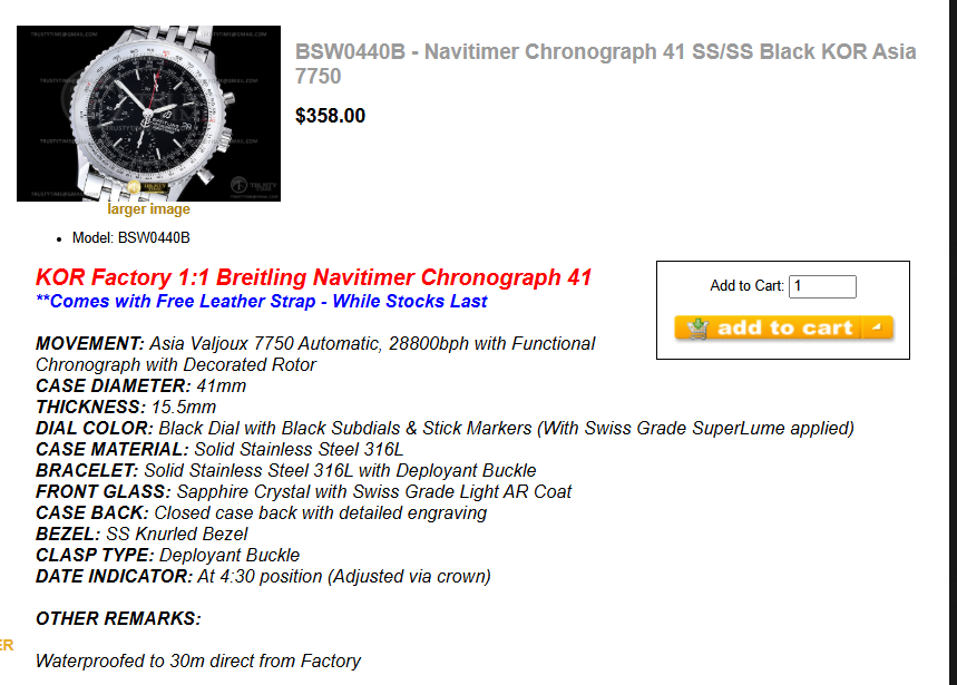 BSW0440B - Navitimer Chronograph 41 SS/SS Black KOR Asia 7750 $358