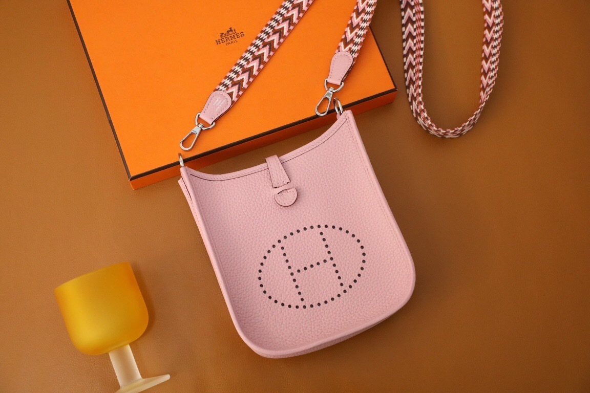 Hermes Mini Evelyne TPM in Rose Sakura Clemence leather with palladium hardware shoulder bag