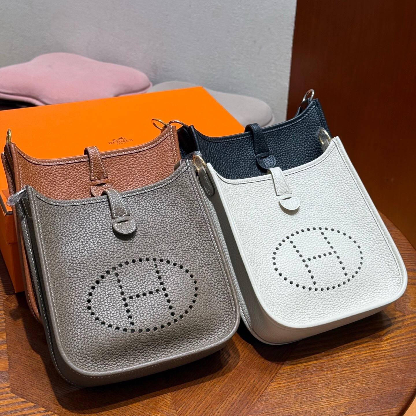 Hermes Mini Evelyne 16 TPM bag in Rose Sakura leather with a multicolored strap shoulder bag all colors