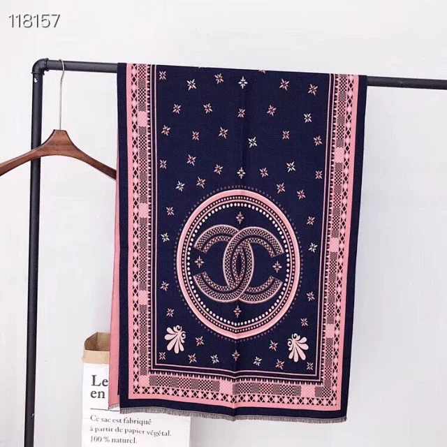 Chanel silk scarf with a navy blue and pink interlocking CC logo print