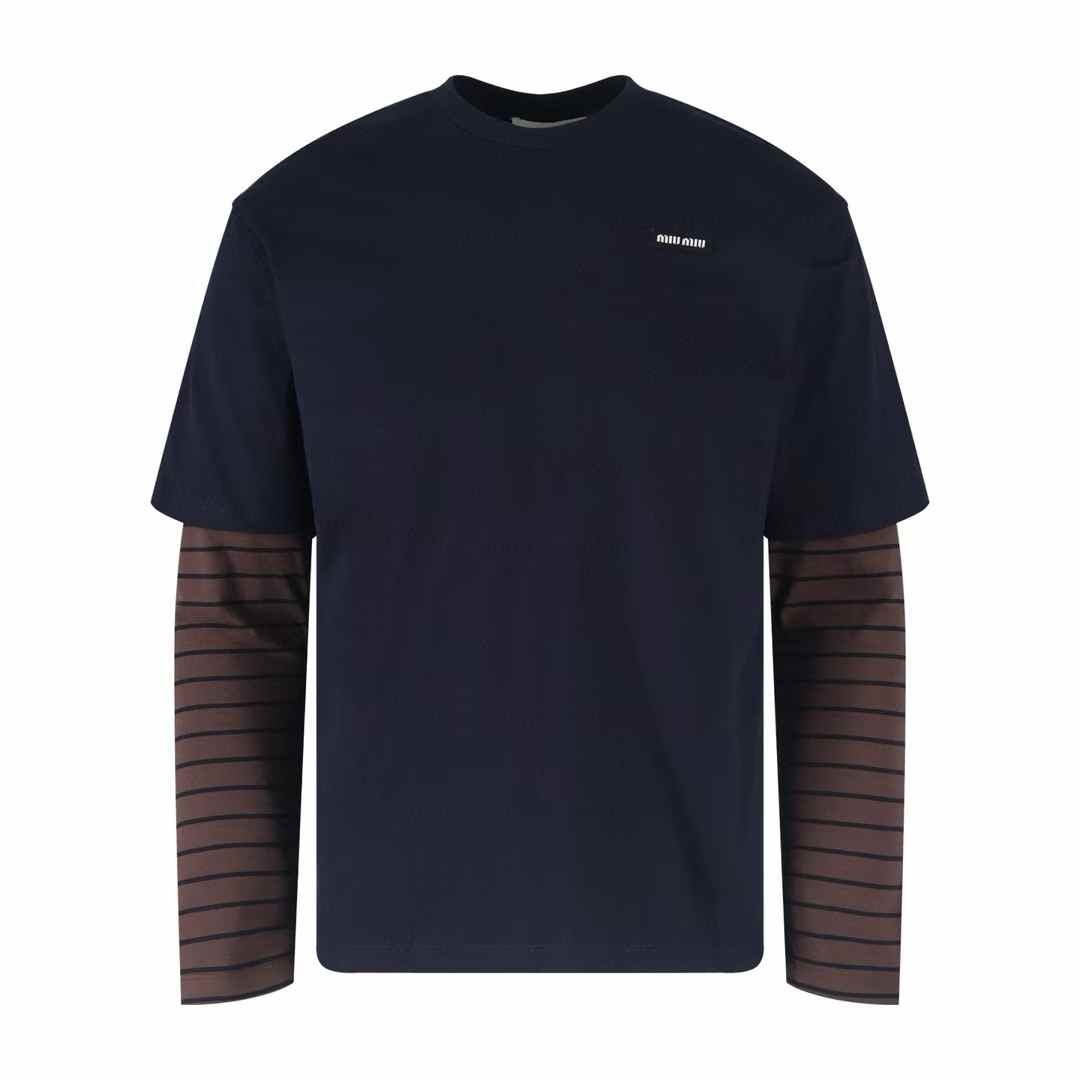 Miu Miu layered striped-sleeve top in dark blue T-shirt