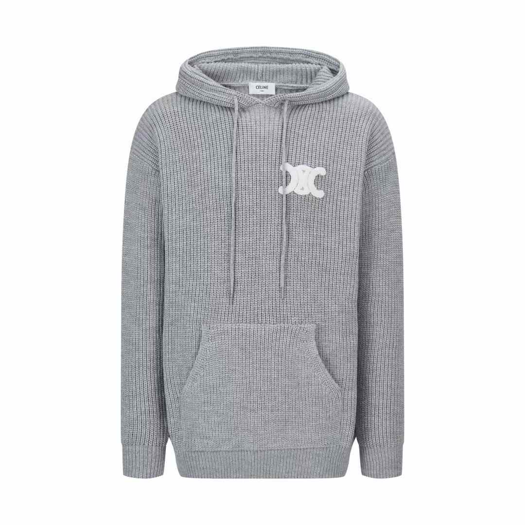 Celine Homme Logo-appliquéd Ribbed Wool Hoodie in grey