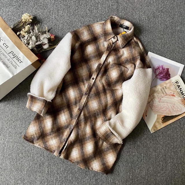 Fendi brown plaid shacket with fleece sleeves