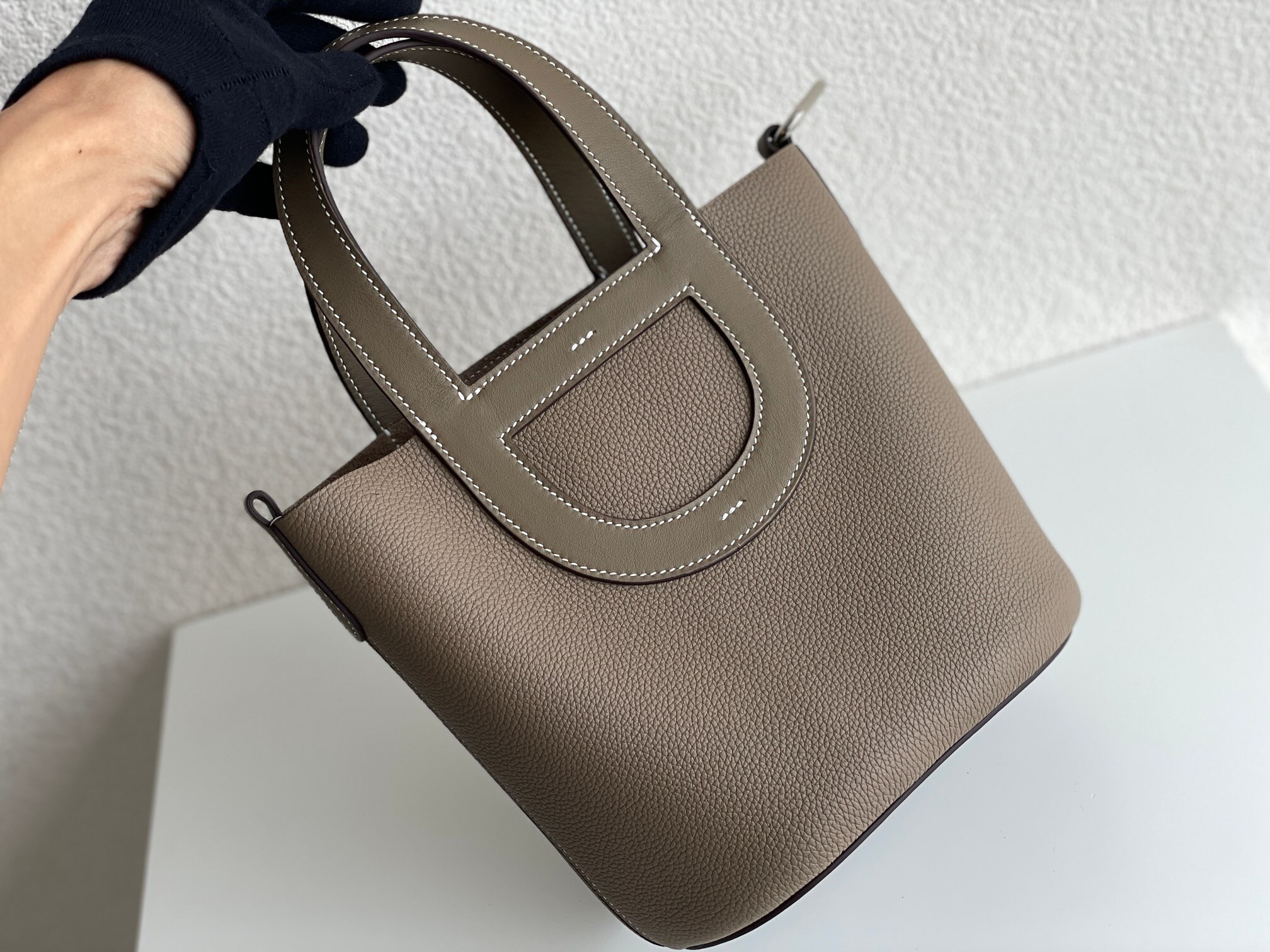Hermes In-The-Loop 18 bag in Etoupe clemence and swift leather with palladium hardware