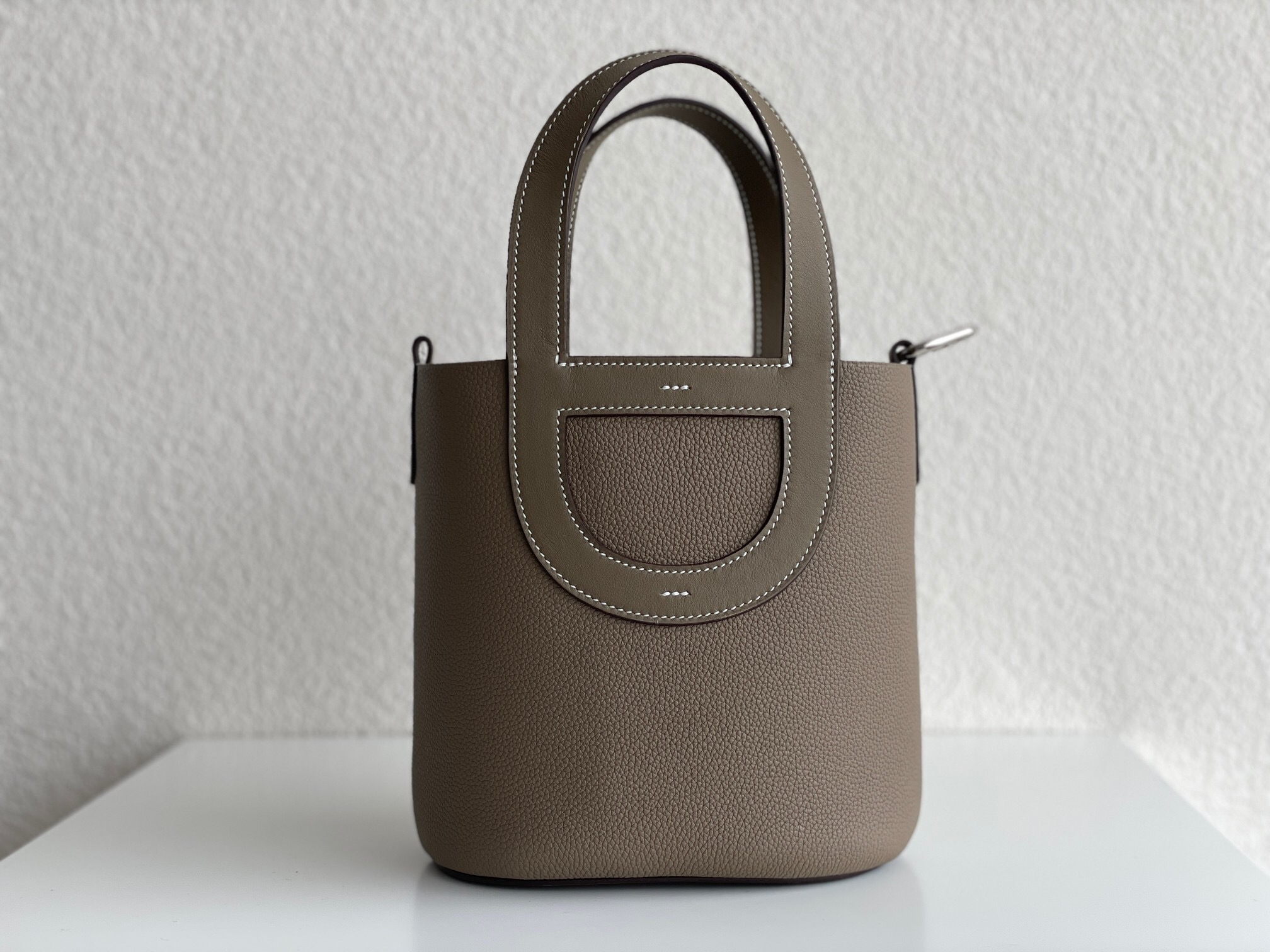 Hermes In-The-Loop 18 bag in Etoupe clemence and swift leather with palladium hardware