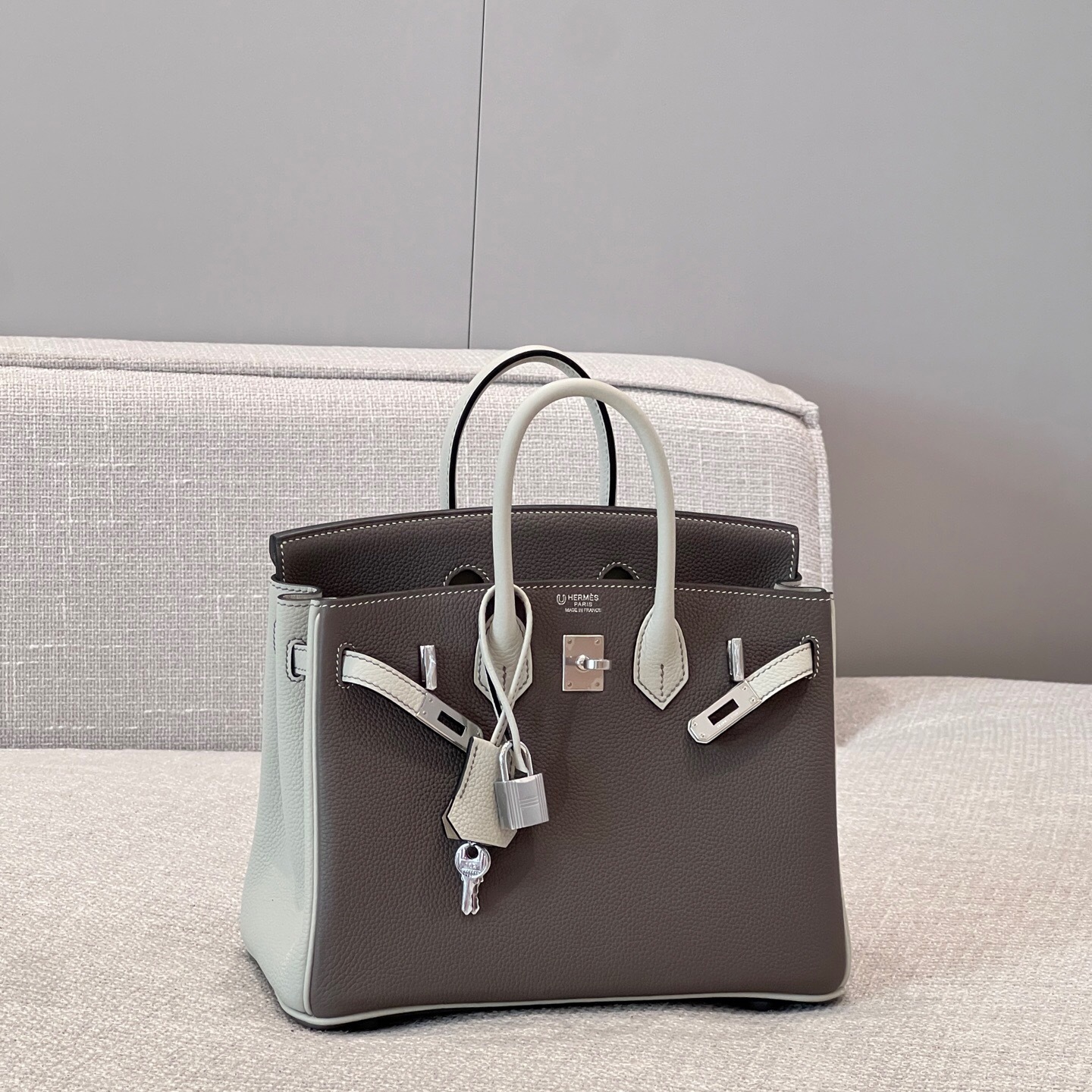 Hermes Birkin 30 bag in Etoupe and Gris Perle Chevre leather with brushed gold hardware