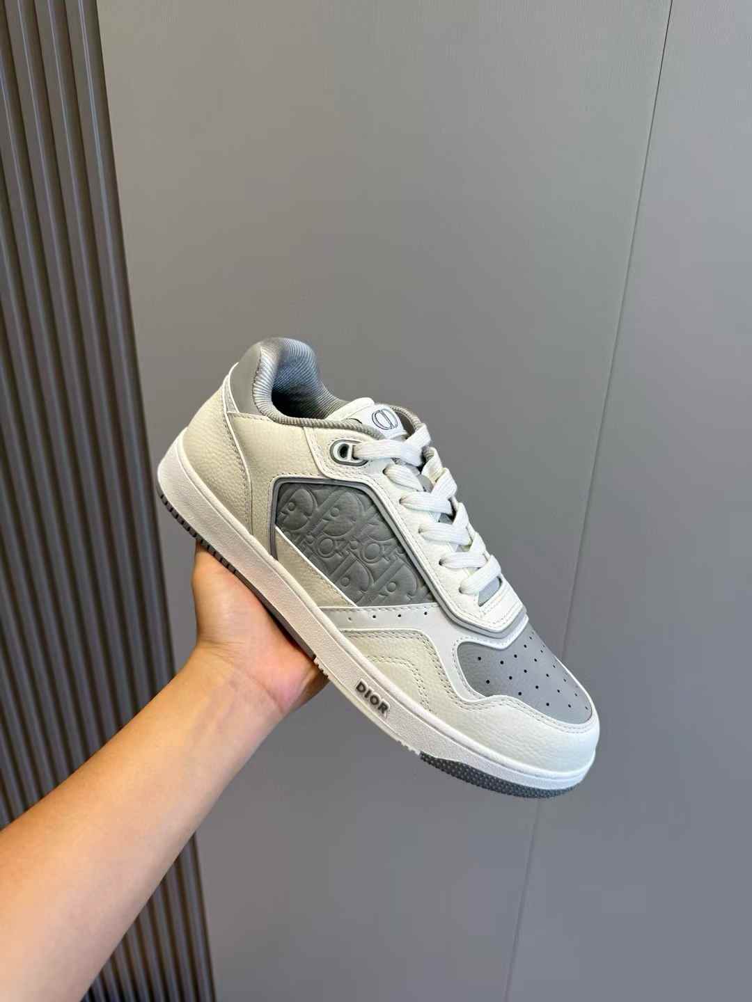 Dior B27 Uptown low-top sneaker in white and Dior gray grained calfskin with Dior Oblique jacquard panels