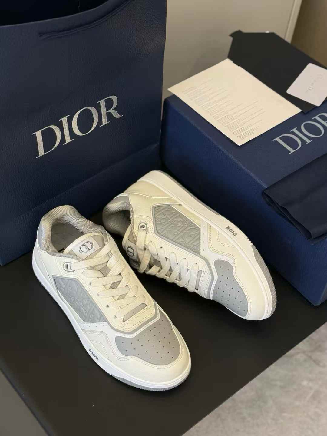 Dior B27 Low-Top Sneakers in gray and white smooth calfskin