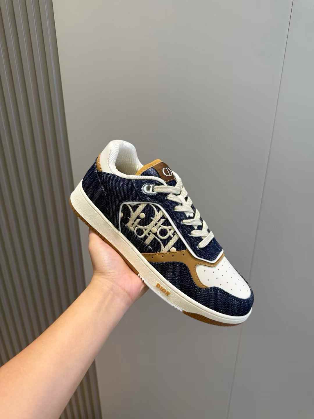 Dior B27 Uptown low-top sneaker in blue denim with beige and cognac smooth calfskin