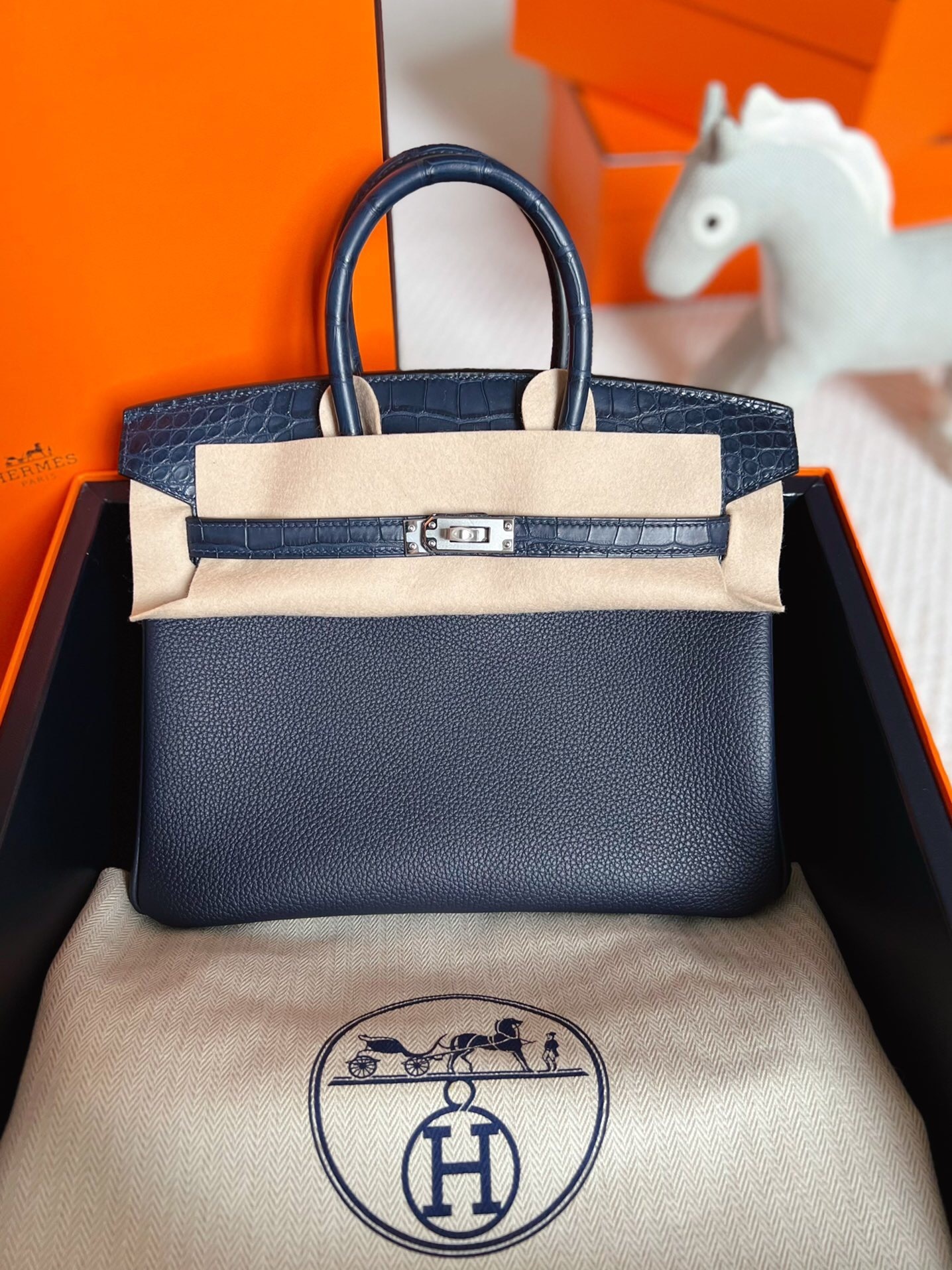 Hermes Birkin Touch 30 handbag in Bleu Saphir and Bleu Marine with palladium hardware