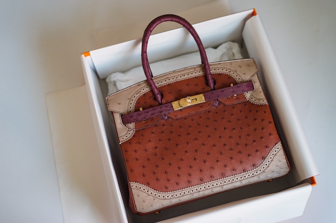 Hermes Mousse and Marron Fonce Ostrich Ghillies Birkin 30 bag