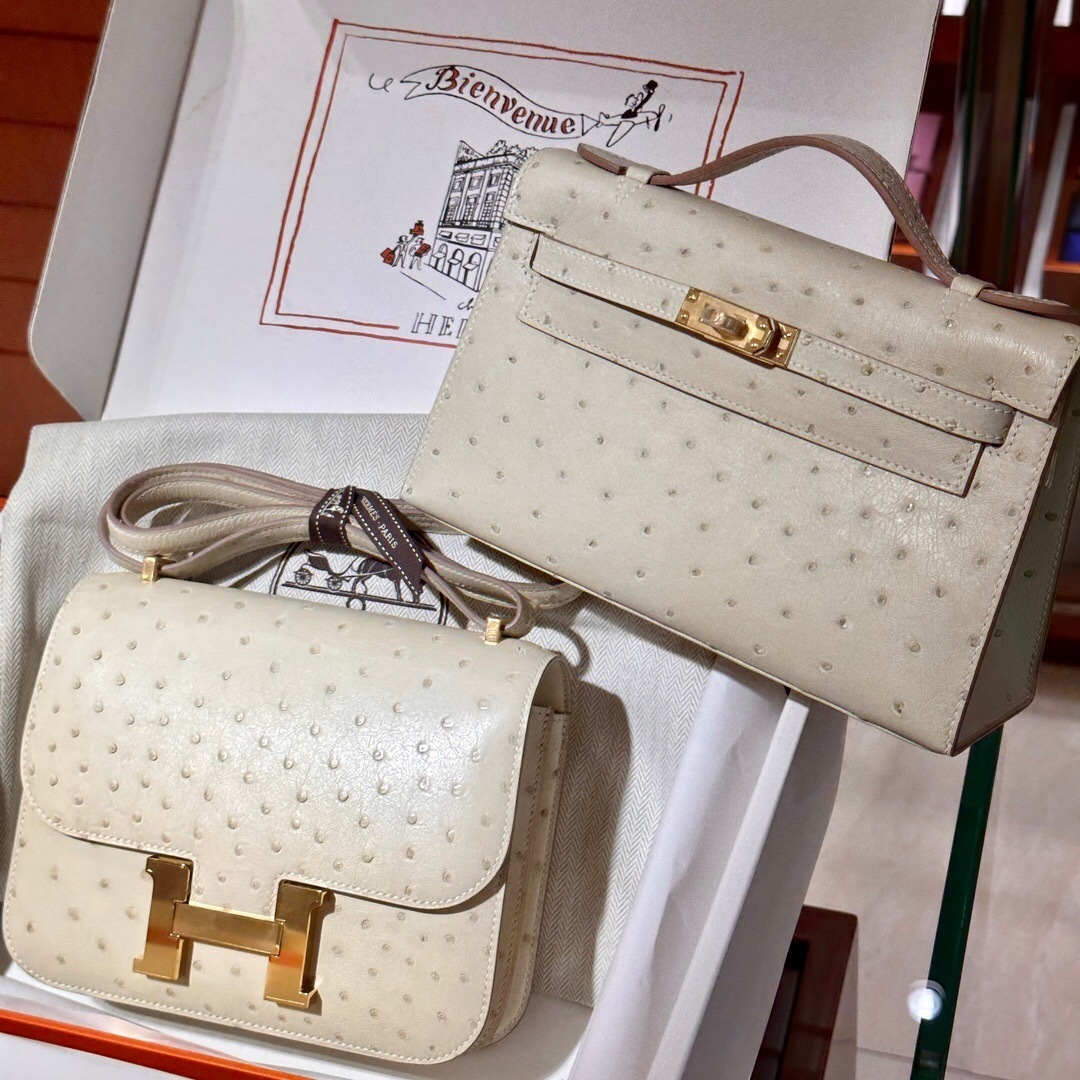 Hermes Constance 18 Beton Ostrich leather bag with gold hardware