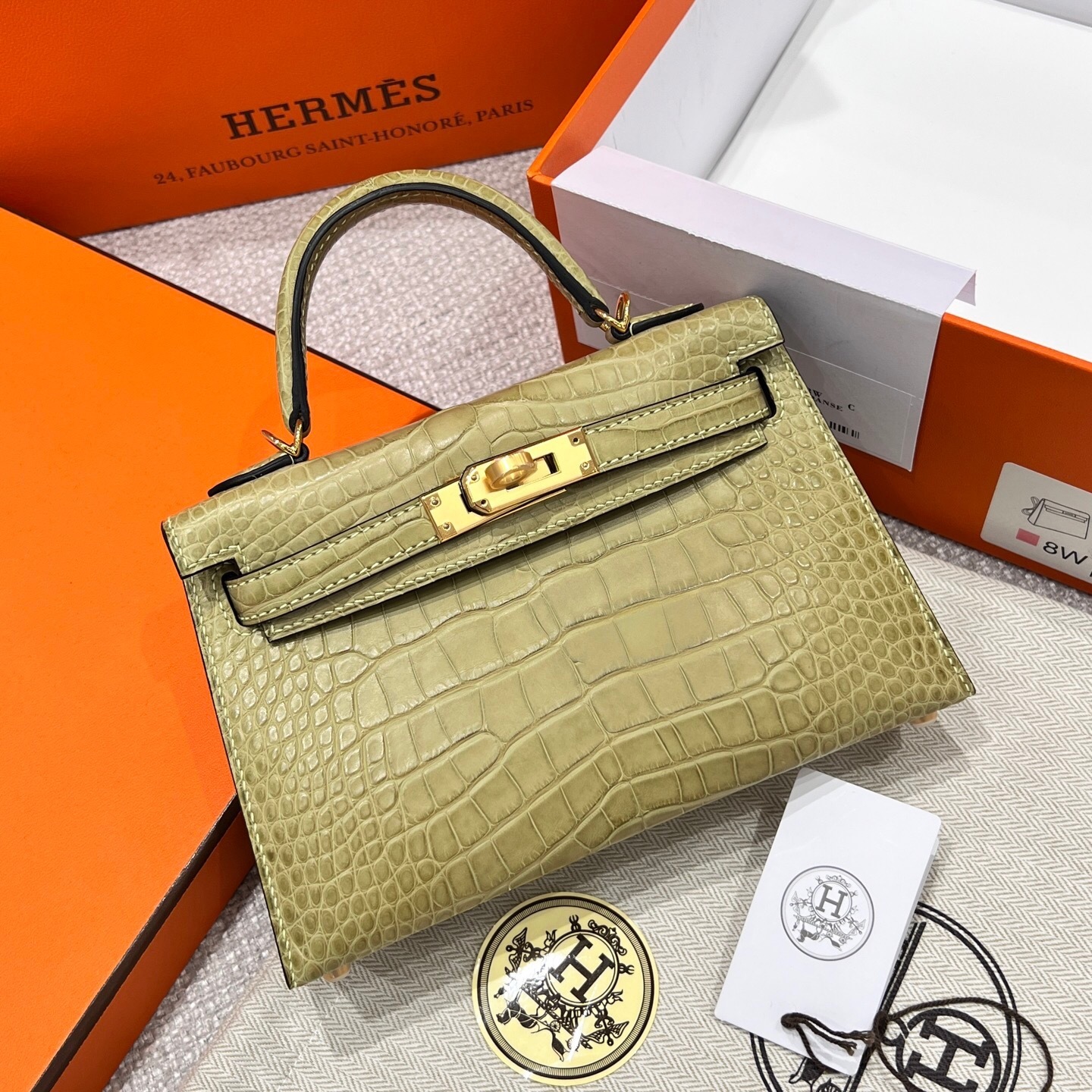 Hermes Mini Kelly II 20 Pochette Bag in Gris Perle Matte Crocodile
