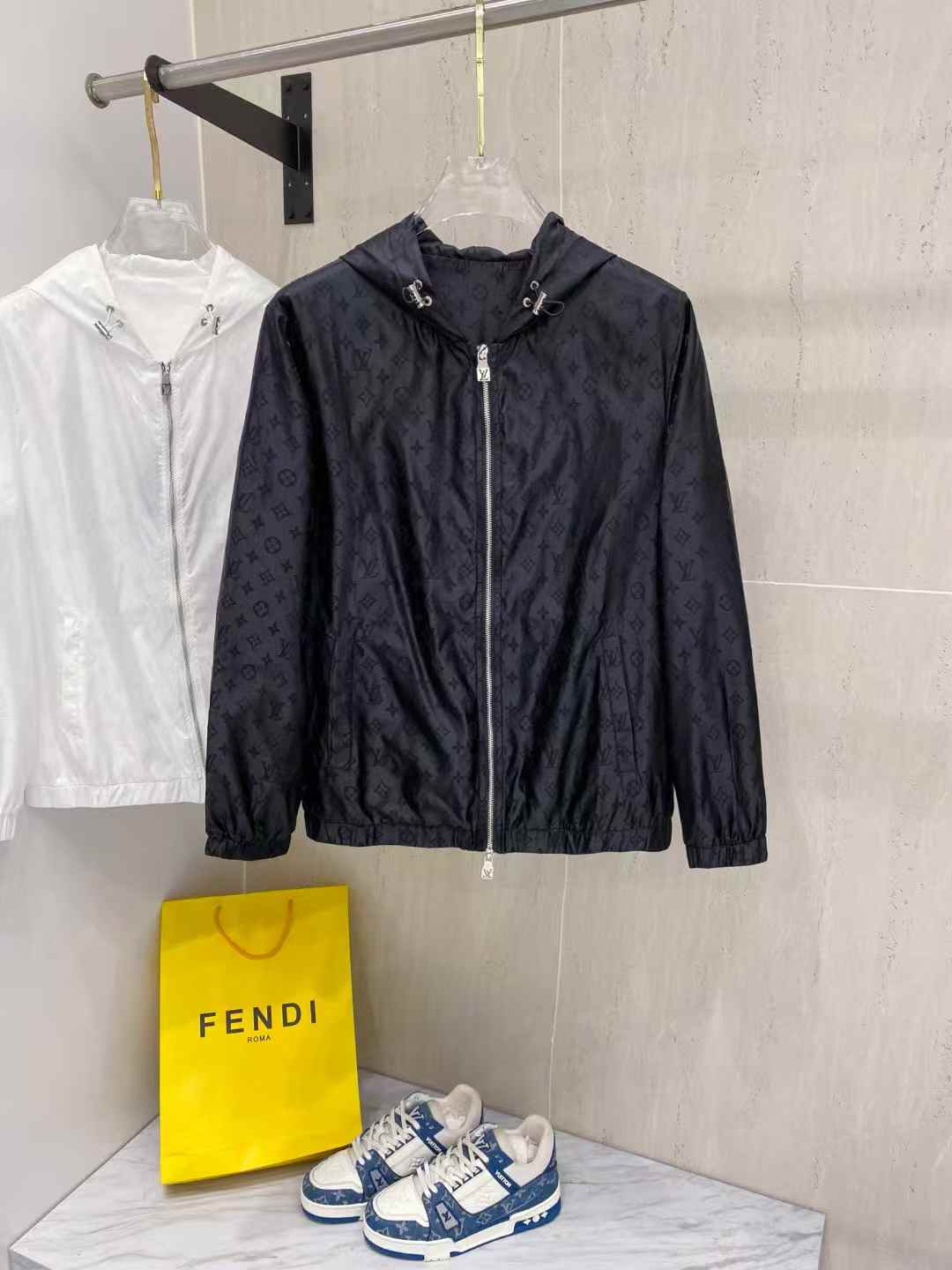 LV Monogram Reversible Windbreaker jacket in a black tonal monogram jacquard