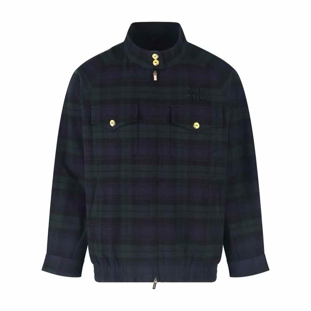 Miu Miu navy plaid wool blouson jacket