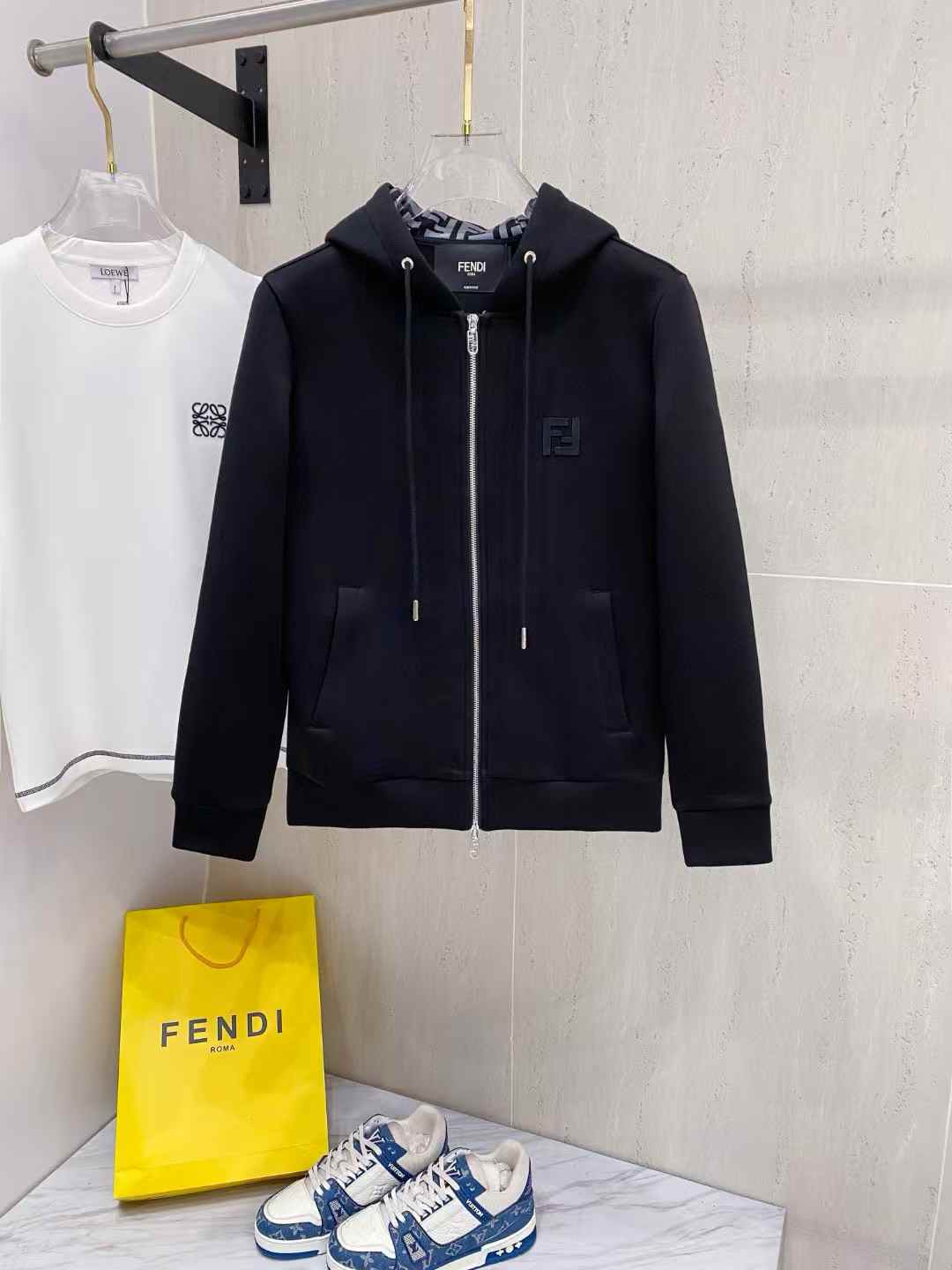 Fendi men's black zip-up hoodie with a tonal FF logo