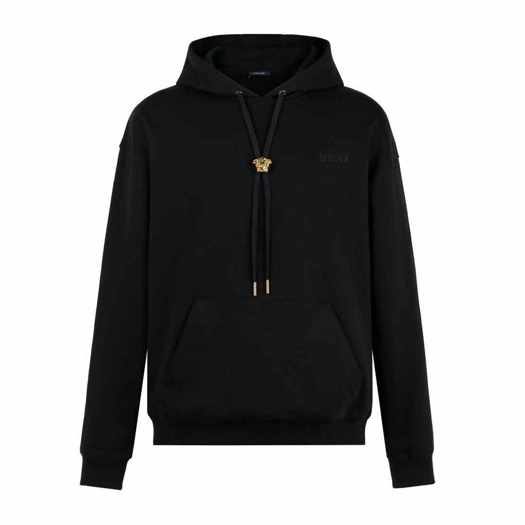 Versace Men's La Medusa Cotton Hoodie in black gold-tone Medusa head motif on the drawstring.
