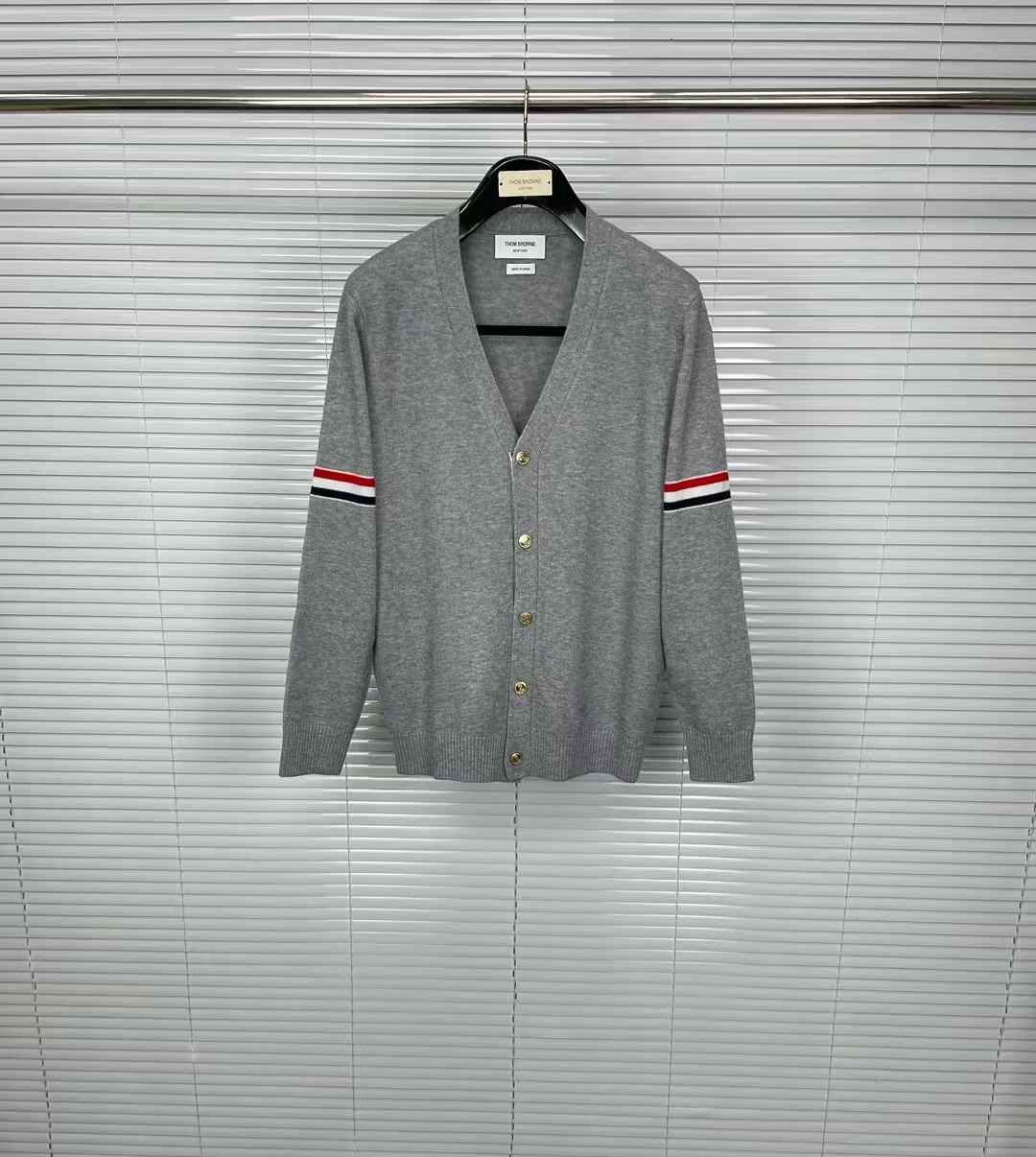 Thom Browne Milano Stitch Stripe Armband Cardigan in light grey cotton