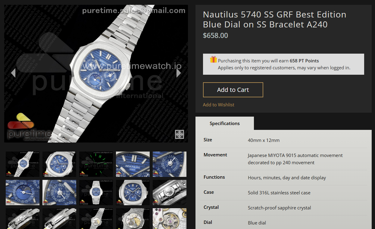 Nautilus 5740 SS GRF Best Edition Blue Dial on SS Bracelet A240 $658