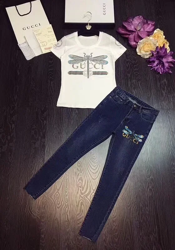 Gucci dragonfly embroidered t-shirt and jeans set